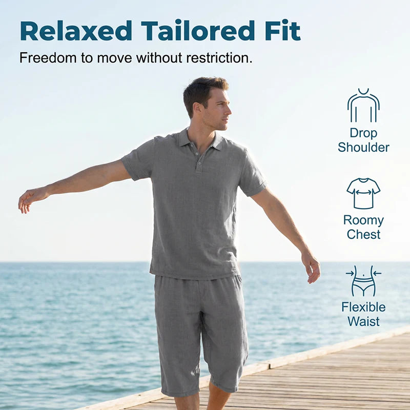 Men’s Linen-Blend Polo Shirt and Shorts Set