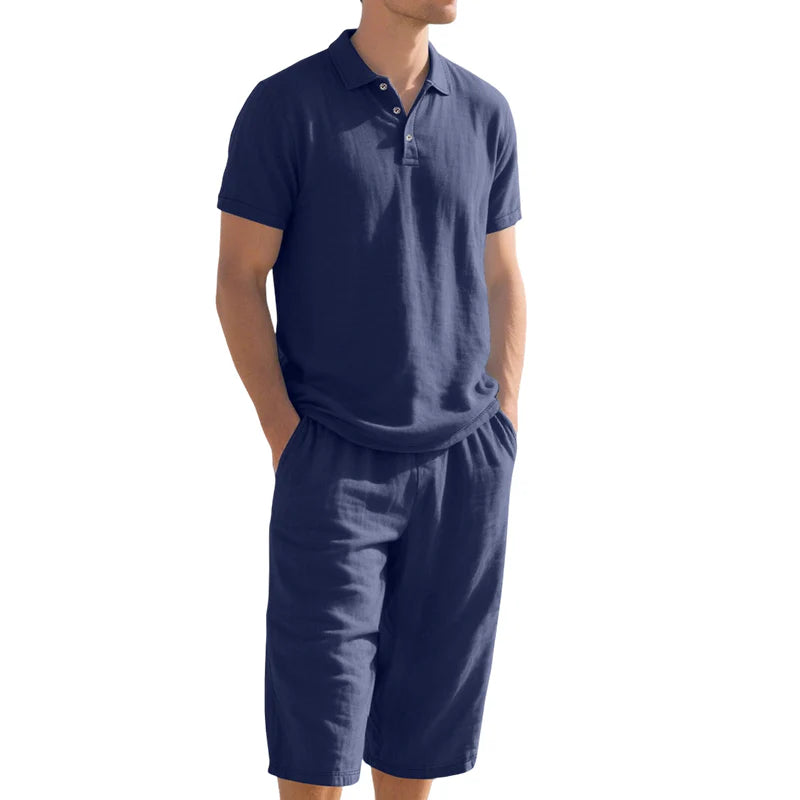 Men’s Linen-Blend Polo Shirt and Shorts Set