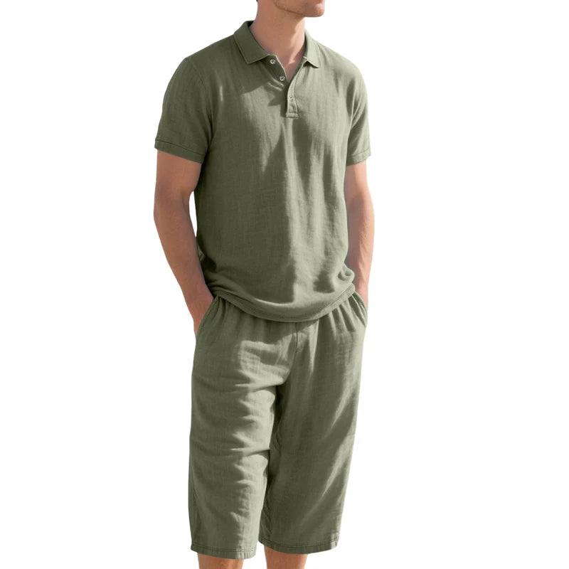 Men’s Linen-Blend Polo Shirt and Shorts Set