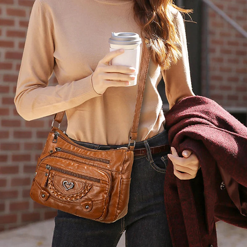 Women's Multi Pocket Leather-Look Crossbody Bag