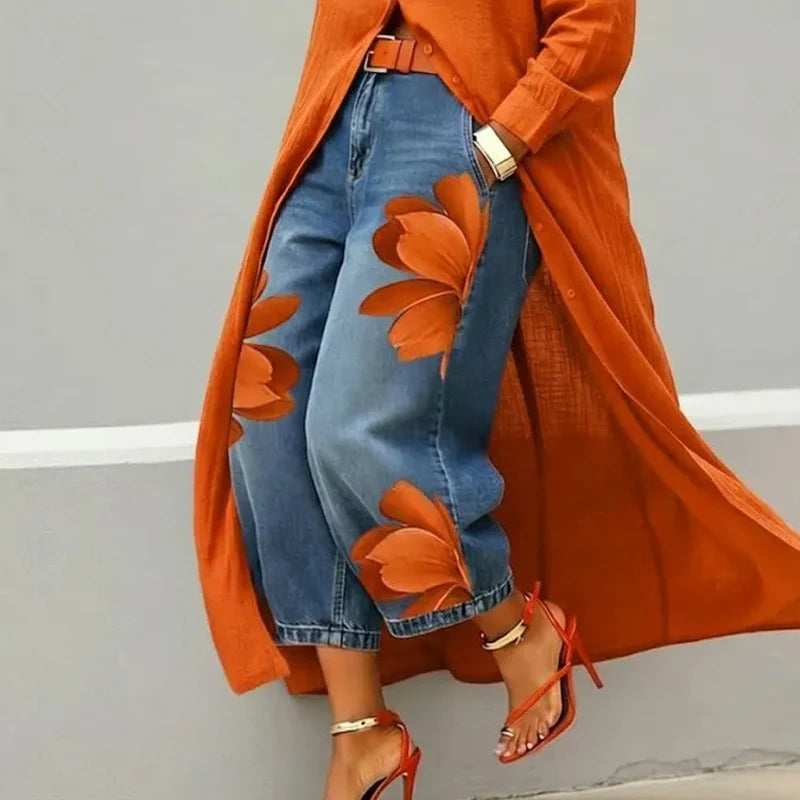 Womne's Floral Print Cropped Denim Jeans