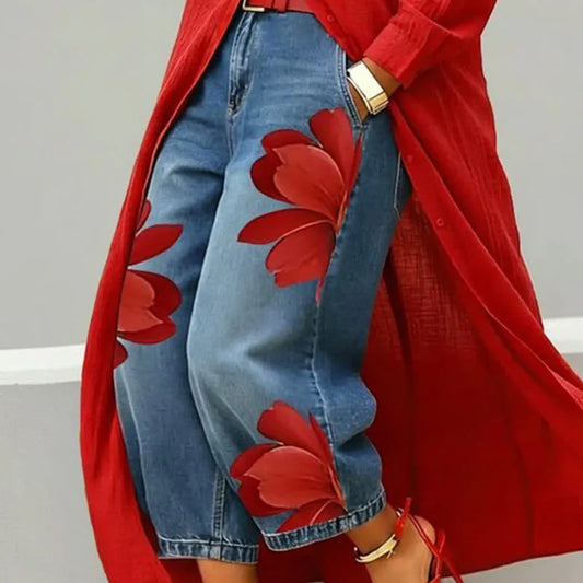 Womne's Floral Print Cropped Denim Jeans