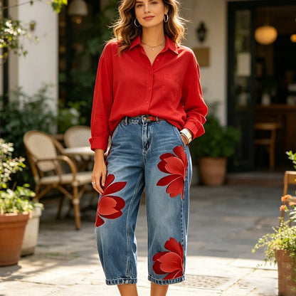 Womne's Floral Print Cropped Denim Jeans