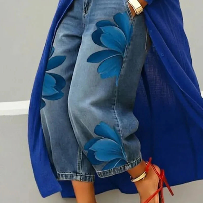 Womne's Floral Print Cropped Denim Jeans