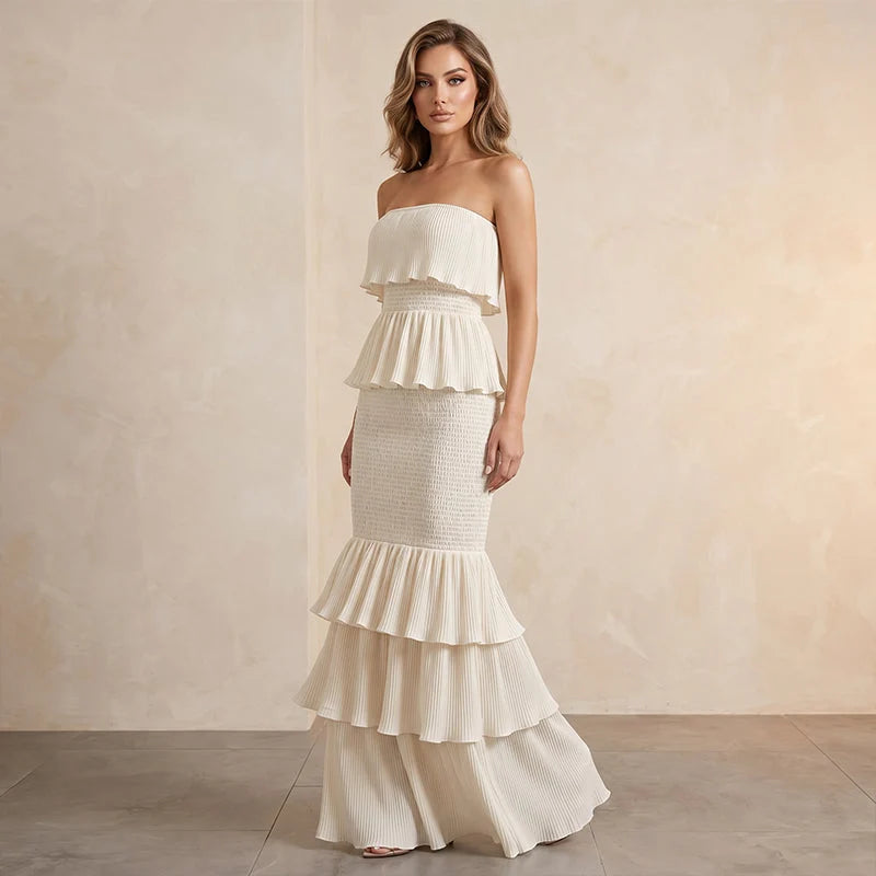 Women's Strapless Tiered Ruffle Maxi Dress