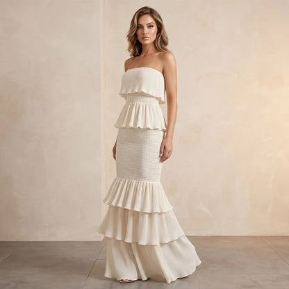 Women's Strapless Tiered Ruffle Maxi Dress