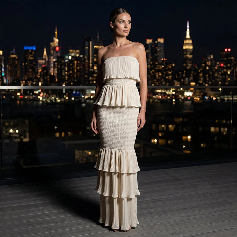 Women's Strapless Tiered Ruffle Maxi Dress