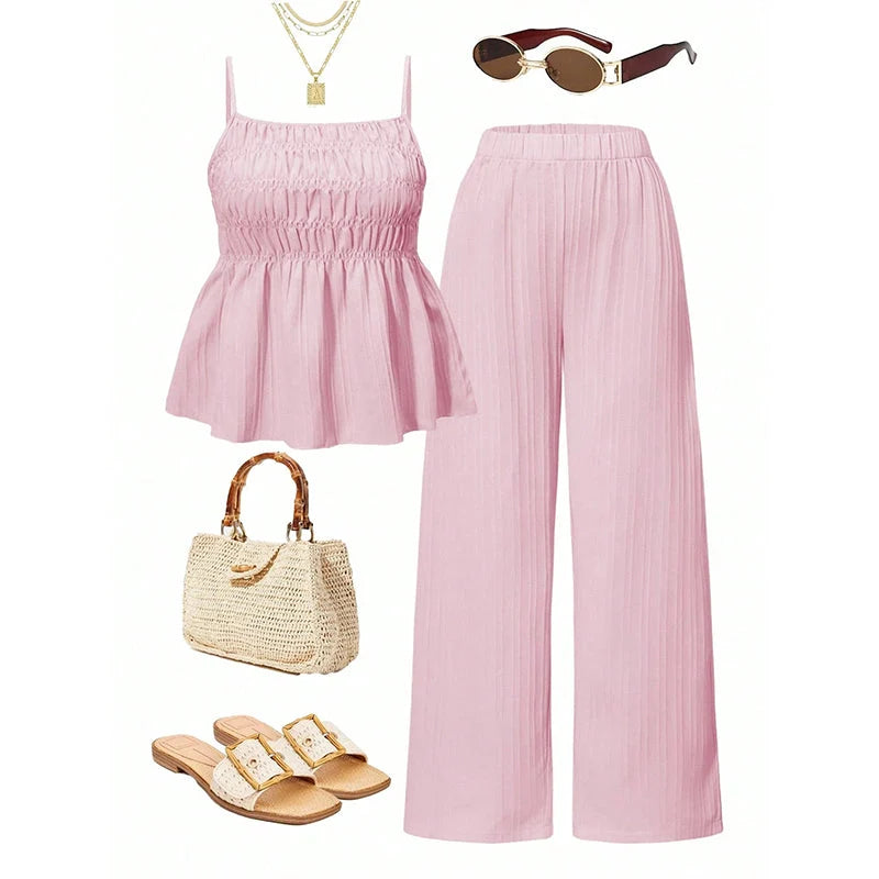 Women’s Ruched Cami Top & Wide-Leg Trousers Set