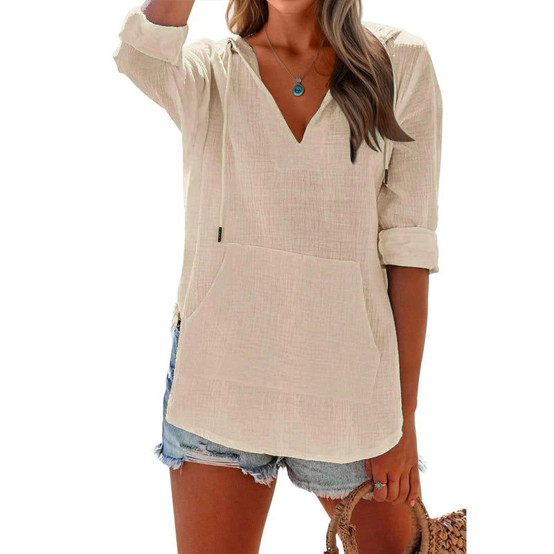 Women's V-Neck Hooded Pocket Top