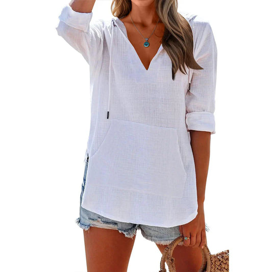 Women's V-Neck Hooded Pocket Top