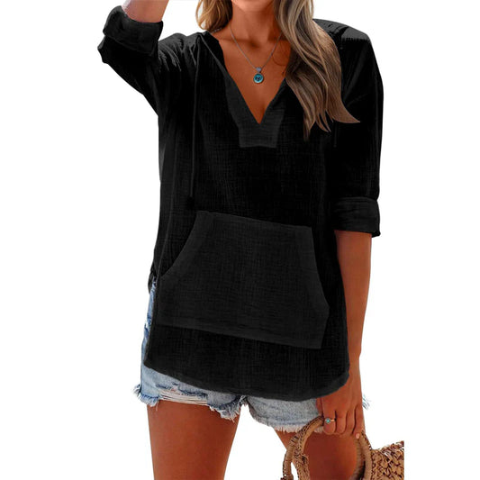 Women's V-Neck Hooded Pocket Top