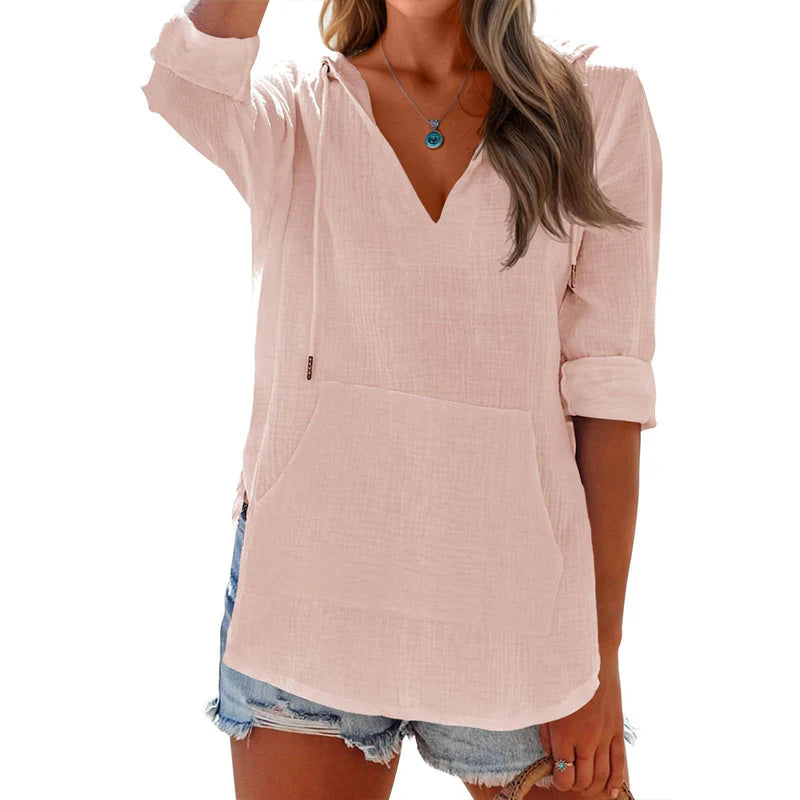 Women's V-Neck Hooded Pocket Top