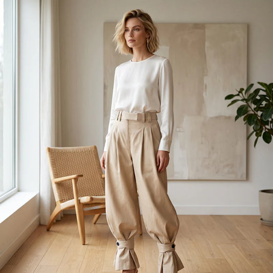 Women's Pleated Lantern Trousers with Ruffle Cuffs