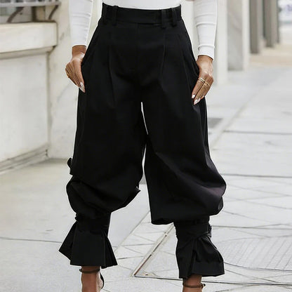 Women's Pleated Lantern Trousers with Ruffle Cuffs