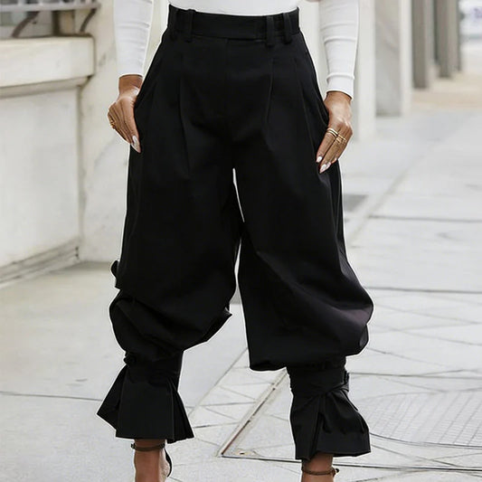 Women's Pleated Lantern Trousers with Ruffle Cuffs
