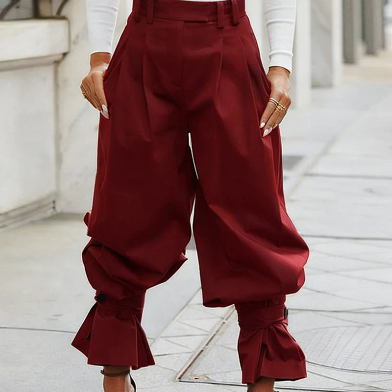 Women's Pleated Lantern Trousers with Ruffle Cuffs