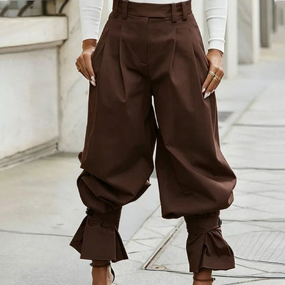Women's Pleated Lantern Trousers with Ruffle Cuffs