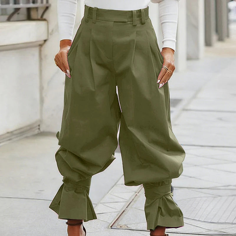 Women's Pleated Lantern Trousers with Ruffle Cuffs