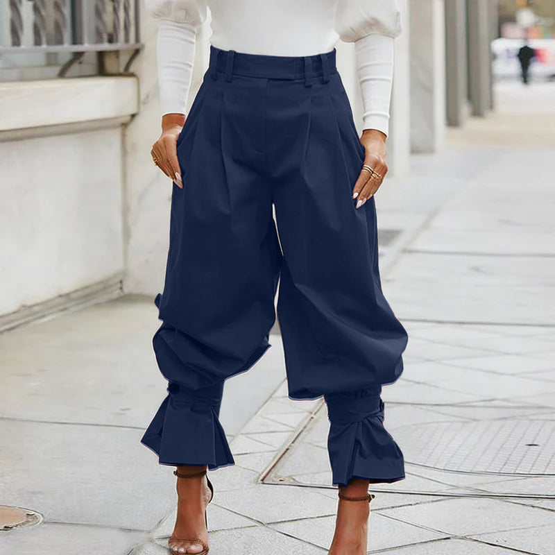 Women's Pleated Lantern Trousers with Ruffle Cuffs