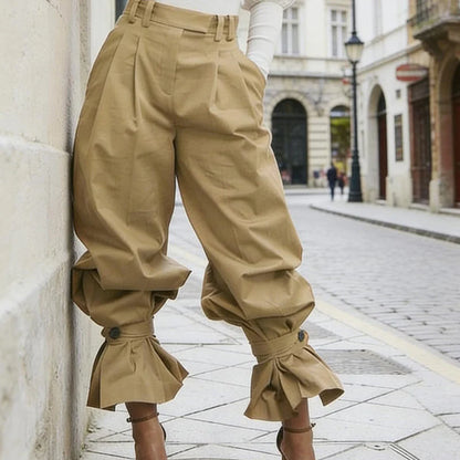 Women's Pleated Lantern Trousers with Ruffle Cuffs