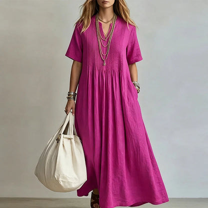 Women's Pleated V Neck Maxi Dress