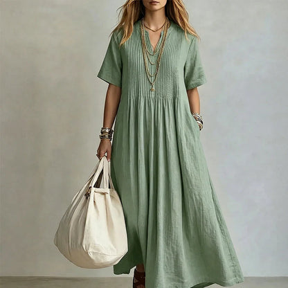 Women's Pleated V Neck Maxi Dress