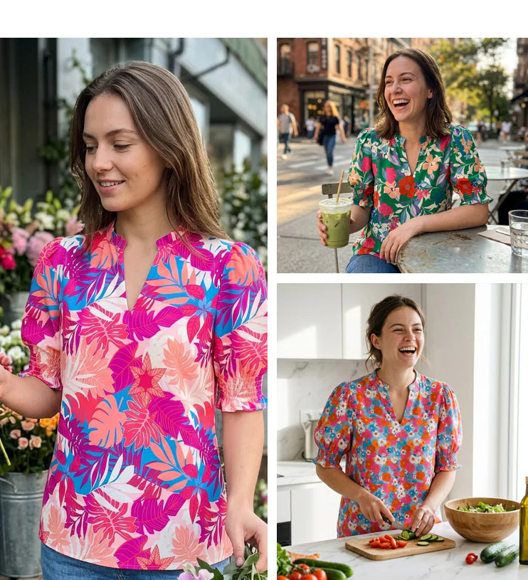 Women's Printed Puff-Sleeve Blouse