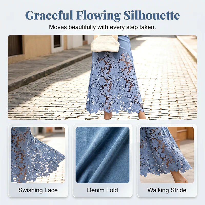 Women's Denim Lace Midi Skirt
