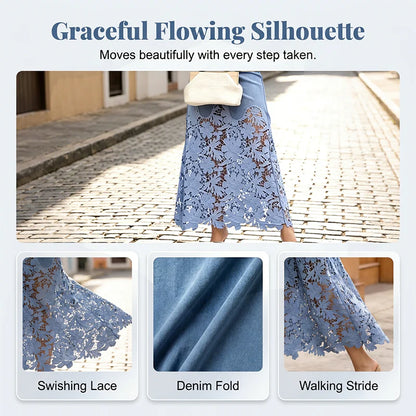 Women's Denim Lace Midi Skirt