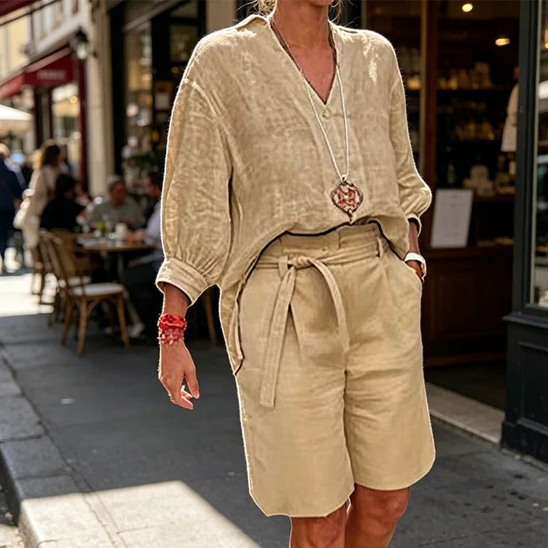 Women’s V-Neck Top and Belted Shorts Set