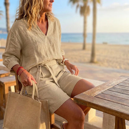 Women’s V-Neck Top and Belted Shorts Set