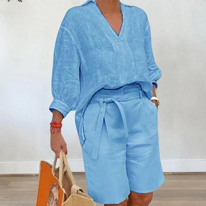 Women’s V-Neck Top and Belted Shorts Set