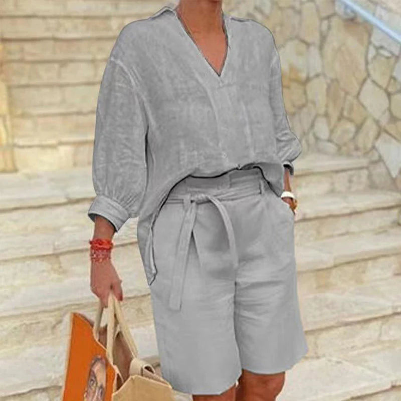 Women’s V-Neck Top and Belted Shorts Set