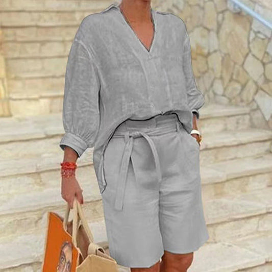 Women’s V-Neck Top and Belted Shorts Set