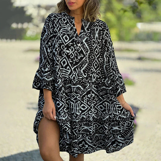 Women's Printed V-Neck Tiered Dress