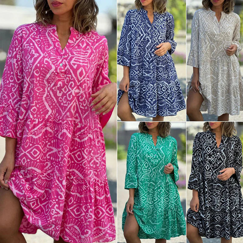 Women's Printed V-Neck Tiered Dress