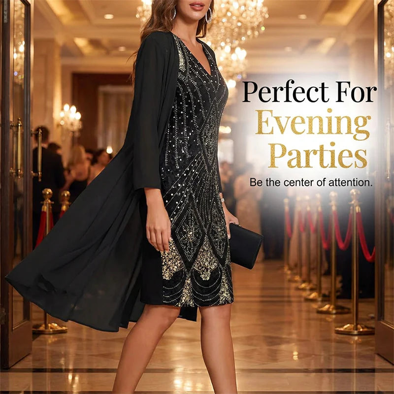 Women's Embellished Two-Piece Dress and Sheer Cardigan Set