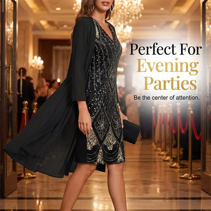 Women's Embellished Two-Piece Dress and Sheer Cardigan Set