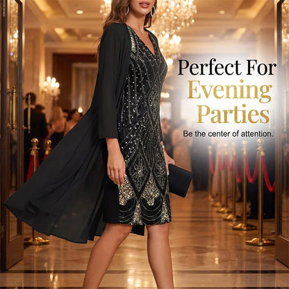 Women's Embellished Dress and Sheer Overlay Set