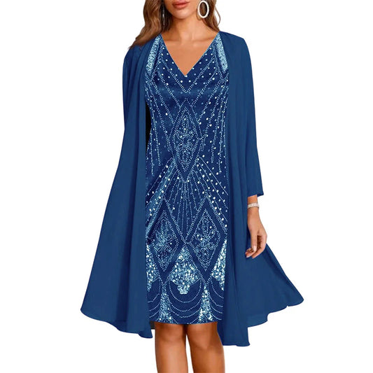 Women's Embellished Two-Piece Dress and Sheer Cardigan Set