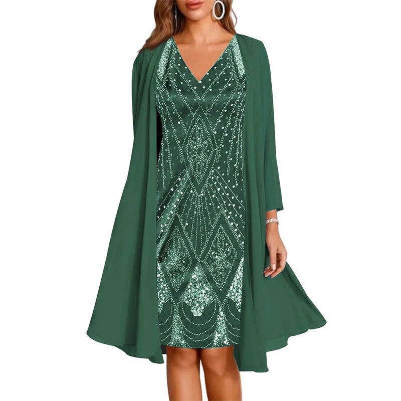 Women's Embellished Two-Piece Dress and Sheer Cardigan Set