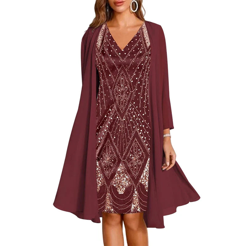 Women's Embellished Dress and Sheer Overlay Set