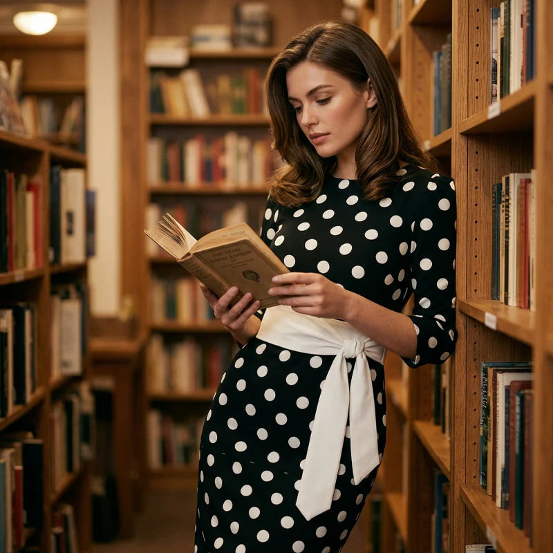Women's Polka Dot Tie-Waist Midi Dress