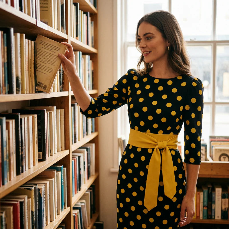 Women's Polka Dot Tie-Waist Midi Dress