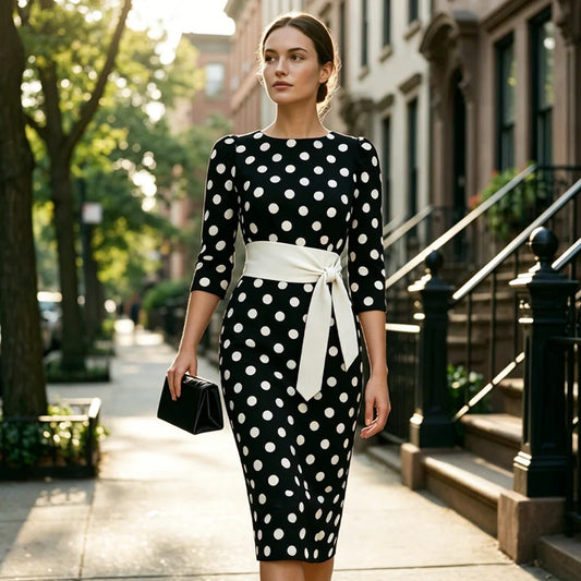 Women's Polka Dot Tie-Waist Midi Dress