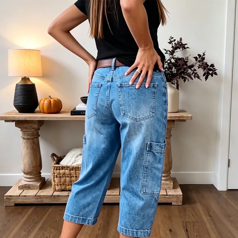 Women's Cropped Barrel Leg Denim Trousers