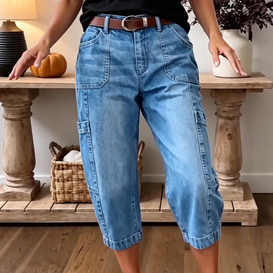 Women's Cropped Barrel Leg Denim Trousers