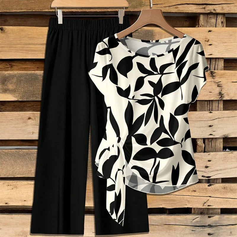 Women's Abstract Print Tie Front Trouser Set