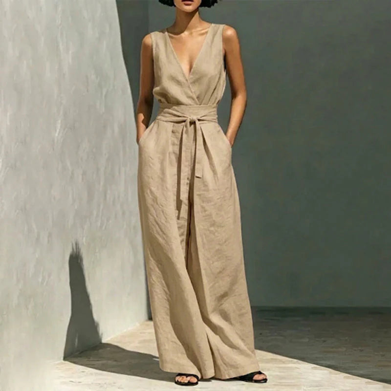 Women's Sleeveless Wrap Top and Wide-Leg Trousers Set