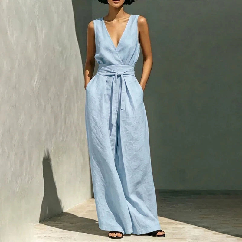 Women's Sleeveless Wrap Top and Wide-Leg Trousers Set